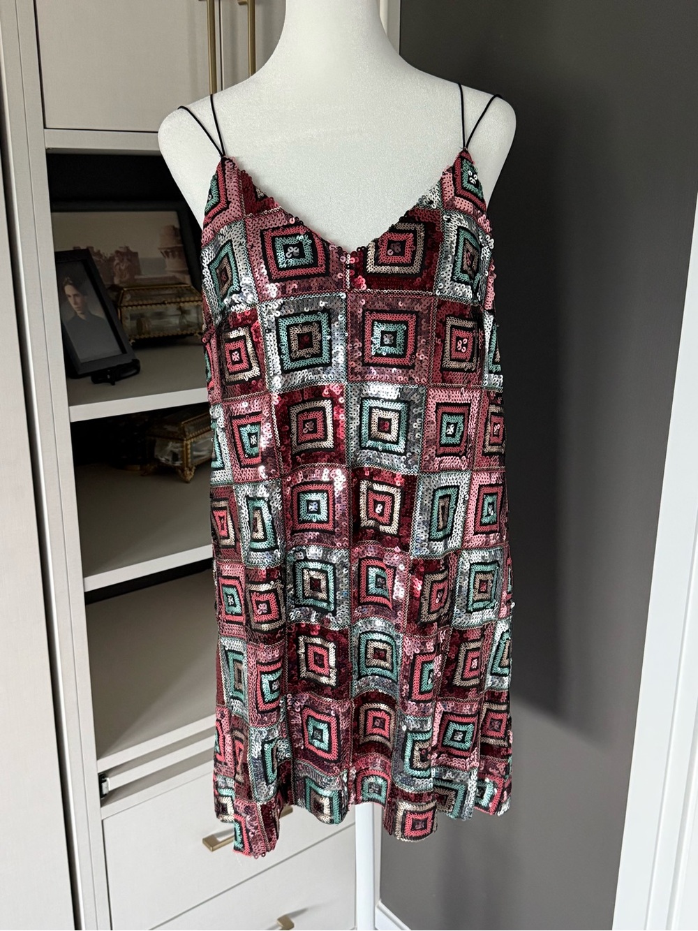Zara Burgundy, Teal and Silver Sequin Geometric Spaghetti Strap Mini Dress